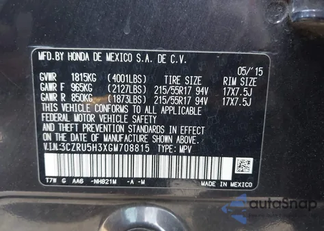 2016 Honda Hr-V Lx z USA, uszkodzony, nr VIN 3CZRU5H3XGM708815